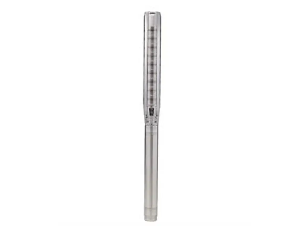 Vertikale Pumpe der Marke Grundfos, transparentes Gehäuse, mit mehreren Ansaugöffnungen, geeignet für den Einsatz in Wasseranwendungen.